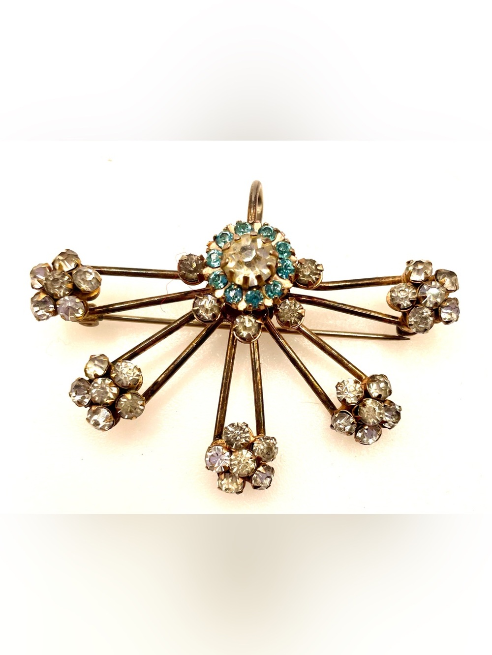 Vintage Sterling Silver Blue & Clear Rhinestone Starburst Brooch Pendant 1930s